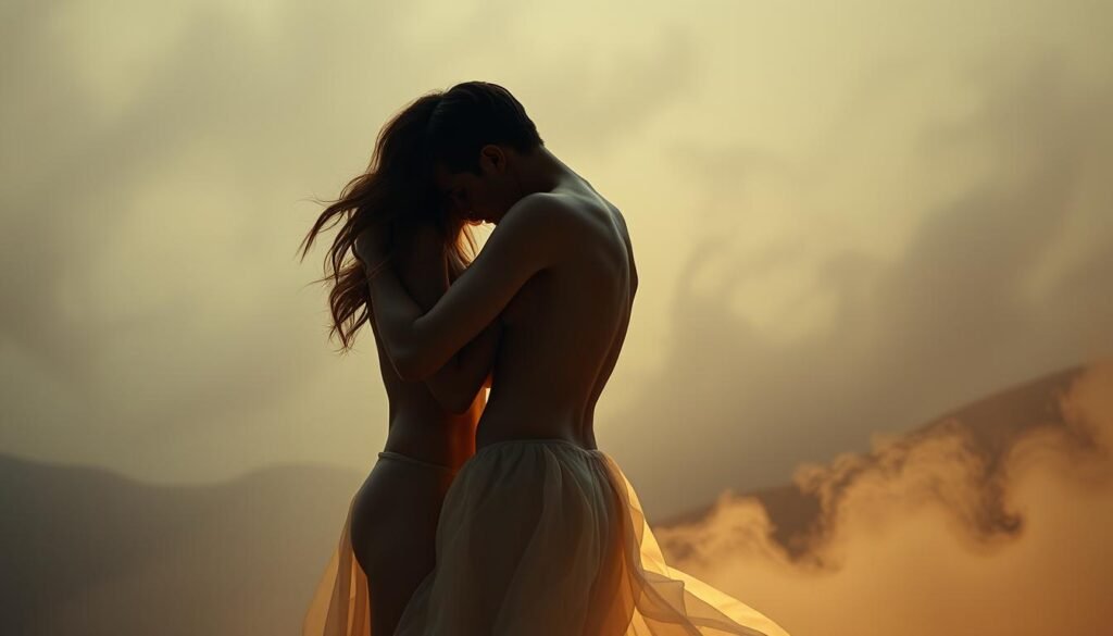 Intimate dream encounter set against an ethereal, dreamlike landscape. In the foreground, two intertwined, sensual figures, their bodies entwined in a passionate embrace, their faces obscured by a soft, hazy light. Behind them, a swirling, abstract background of muted colors and gentle, flowing forms, evoking a sense of the subconscious and the mystical. Muted, atmospheric lighting casts a warm, romantic glow over the scene, creating an intimate, introspective mood. Soft, impressionistic textures and a dreamlike quality lend an air of mysticism and the exploration of the inner self.