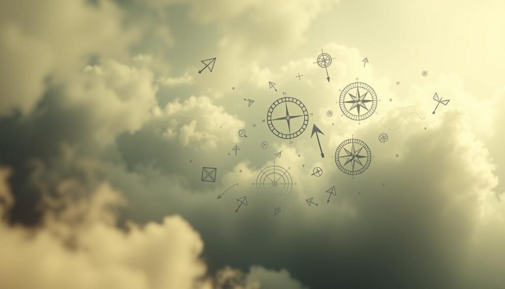 Intricate navigation symbols drift through a dreamscape, guiding the viewer's journey. A soft, muted color palette sets the stage, with delicate wisps of cloud-like forms drifting in the background. In the foreground, abstract representations of directional arrows, compasses, and road signs emerge, their lines and shapes subtly intertwined, suggesting the subconscious nature of dream-guided navigation. Diffused lighting casts a hazy, ethereal glow, lending an air of mystery and contemplation. The overall composition evokes a sense of the unknown, the exploration of the self, and the intuitive guidance that can be found in the subconscious realm of dreams.