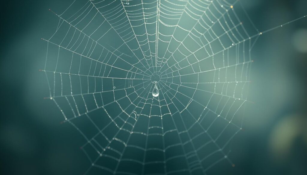 Intricate spider web, delicate yet strong, suspended in a dream-like ethereal space. Soft, ambient lighting illuminates the intricate patterns, casting subtle shadows that dance across the surface. The web appears to be woven from strands of silvery moonlight, shimmering and ethereal. In the center, a single droplet of dew catches the light, a symbol of creativity and patience. The background is hazy and indistinct, allowing the web to take center stage, a mesmerizing focal point that invites deeper contemplation. The overall mood is serene, contemplative, and evocative of the creative process.