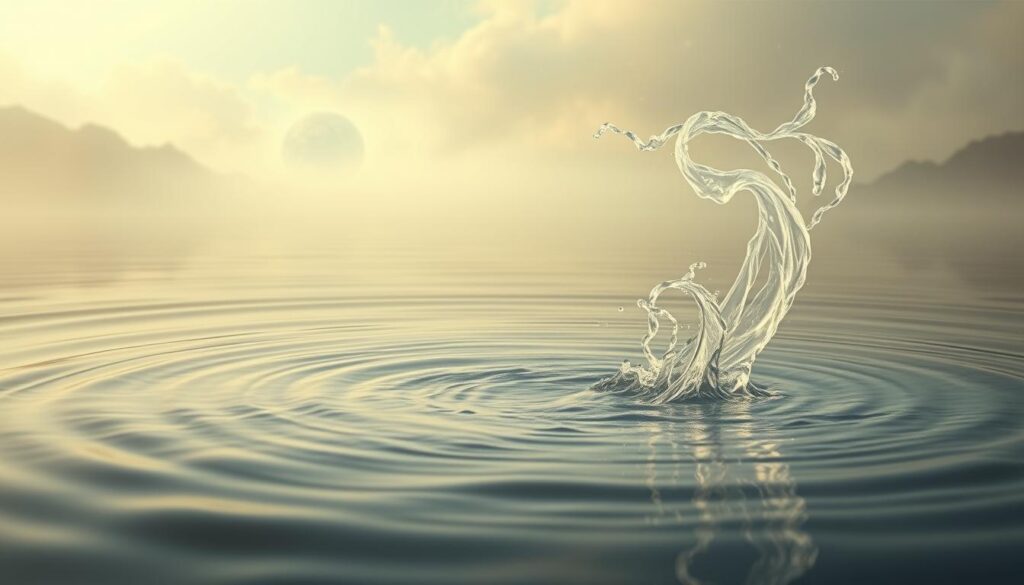 Intricate water symbols swirling in a serene, dreamlike landscape. In the foreground, a shimmering pool of amniotic fluid, its surface reflecting the outline of an unborn child. Ethereal wisps of vapor rise from the water, symbolizing the mystical connection between pregnancy and the element of water. In the middle ground, gentle waves ripple across a tranquil lake, their rhythmic motion evoking the gentle sways of a mother's womb. The background features a misty, atmospheric sky with subtle hints of celestial imagery, creating a sense of otherworldly tranquility. Soft, diffused lighting casts a warm, comforting glow over the entire scene, evoking the intimate, nurturing nature of pregnancy dreams.