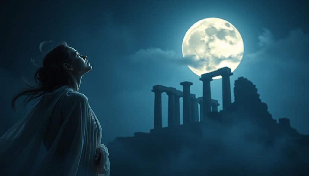 Lunar Visions and Prophetic Dreams A serene moonlit landscape, a hazy midnight atmosphere. In the foreground, a woman in flowing, diaphanous robes gazes upward, her expression one of deep contemplation. Tendrils of mist curl around her, hinting at the otherworldly nature of her reverie. In the middle ground, a crumbling ancient temple or ruin stands sentinel, partially obscured by the mist. Its weathered stones suggest the passage of eons, a testament to the timeless power of the moon. The background is dominated by the full moon, its luminous orb casting a ghostly glow across the scene. Wispy clouds drift across its face, as if the moon itself is dreaming, imparting its visionary wisdom. The overall mood is one of introspection, mysticism, and the divine feminine energy embodied by the moon. A sense of prophecy and revelation permeates the image.