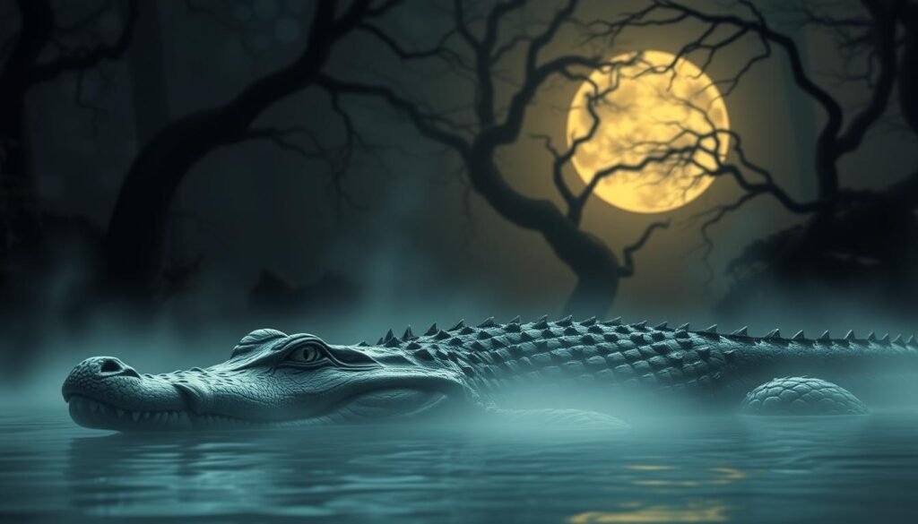 Lush, dreamlike landscape with a large, powerful crocodile lounging in the foreground. Reptilian eyes peer through the mist, conveying a sense of hidden danger. In the background, a mystical, shadowy forest with twisted branches and an eerie twilight glow. The crocodile's scales glisten with water droplets, creating a sense of movement and fluidity. Soft, diffused lighting illuminates the scene, evoking a sense of the subconscious and the unknown. The overall tone is one of contemplation and introspection, inviting the viewer to ponder the deeper symbolic meanings of the crocodile's presence.