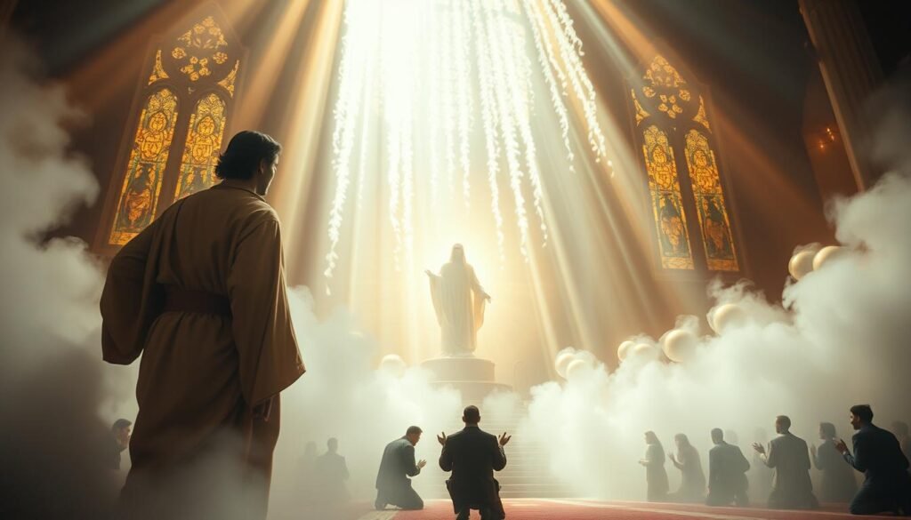 Majestic biblical dream visitations unfold in a celestial realm, illuminated by a warm, heavenly glow. In the foreground, ethereal figures emerge from celestial mists, their countenances radiating divine enlightenment. Cascading rays of light stream through stained-glass windows, casting an otherworldly ambiance. In the middle ground, shadowy figures kneel in reverence, awed by the supernatural spectacle. The background is shrouded in a mystical, ethereal haze, hinting at the profound spiritual significance of these dream encounters. Captured with a wide-angle lens, the scene conveys a sense of awe and transcendence, inviting the viewer to ponder the sacred mysteries of biblical dream visitations.