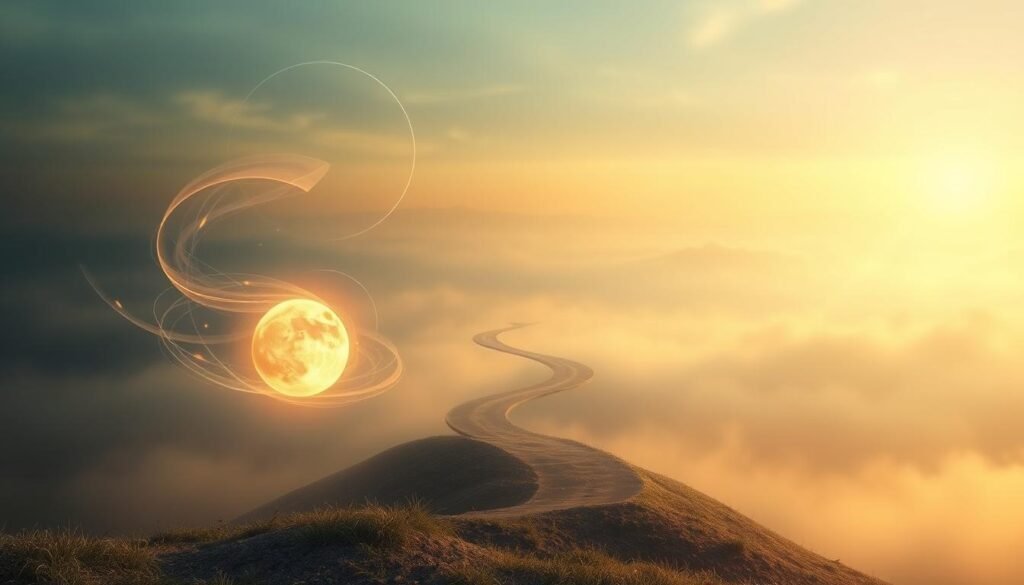 Mystical dreamscape depicting the spiritual symbolism of divorce. In the foreground, a gently glowing sphere representing the soul, surrounded by swirling wisps of energy. In the middle ground, two intertwined yet separating paths, symbolizing the division of one life into two. The background is a vast, ethereal landscape, filled with subtle hues and soft, diffused lighting, conveying a sense of introspection and transition. The overall atmosphere is one of both melancholy and liberation, as the soul seeks a new, independent journey.