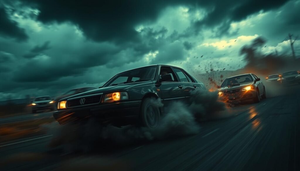 Nightmarish dream landscape, dark cloudy sky, looming storm. In the foreground, a car spinning out of control, tires screeching, headlights glaring. The driver's face is twisted in terror, hands gripping the wheel. Surrounding the car, swirling clouds of smoke and debris, creating a sense of chaos and disorientation. In the background, blurred silhouettes of other cars, swerving and colliding, a surreal and unsettling scene. Dramatic, moody lighting casts long shadows, emphasizing the feeling of panic and loss of agency. Cinematic, wide-angle lens captures the full scope of the dream's unfolding drama.