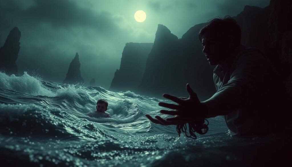 Parental Anxiety Dreams Visualization A dark, dreamlike scene unfolds - a child struggling to stay afloat in a swirling, turbulent sea, waves crashing all around. The parent's face, twisted with fear and desperation, watches helplessly from the shore, illuminated by a single beam of moonlight cutting through the gloomy atmosphere. The parent's outstretched arms, desperate to reach the child, are framed by the shadowy silhouettes of tall, ominous cliffs looming in the background. The mood is one of raw, primal emotion - the overwhelming dread and powerlessness of a parent facing the potential loss of a child. Soft, diffused lighting creates a sense of the surreal, as if this is not just a nightmare, but a waking vision of a parent's deepest fears.