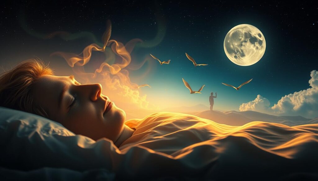 Peaceful dream landscape of a sleeping person's mind, illuminated by soft, warm lighting. A surreal scene with dreamlike figures and symbols representing the psychology of REM sleep and subconscious thoughts. In the foreground, a sleeping person's face with a serene expression. In the middle ground, ethereal shapes and wisps of color dance and swirl, suggesting the flow of dreams. In the background, a starry night sky with a full moon casts a gentle glow, creating an atmosphere of tranquility and introspection. The overall composition evokes a sense of wonder and the mystery of the human mind during the REM sleep cycle.
