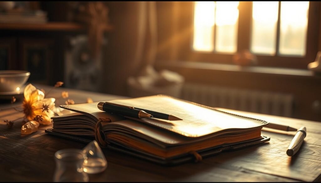 Peaceful, ethereal dream journal scene. A weathered leather-bound journal with gilded edges sits open on a wooden desk, surrounded by softly glowing crystals, dried flowers, and a quill pen. Warm, golden light filters through a large window, casting gentle shadows. The atmosphere is serene, inviting contemplation and self-reflection. Blurred, out-of-focus background hints at a cozy, intimate space. Shallow depth of field keeps the journal as the focal point. Muted, earthy color palette evokes a sense of timelessness. Conveys the quiet, meditative practice of dream journaling and inner exploration.