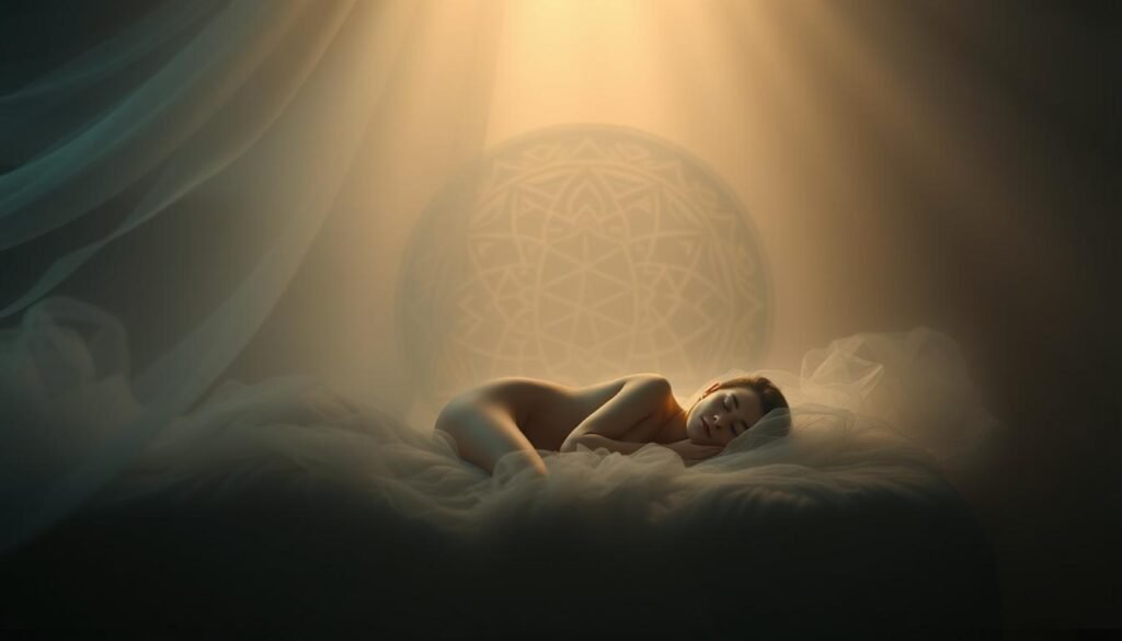 Peaceful, ethereal sleep sanctuary with a serene, glowing figure at the center, signifying spiritual protection. Soft, muted lighting from above casts a gentle, calming glow across the space. Wispy, translucent veils drift around the sleeping form, creating an atmosphere of mystical energy. In the background, an intricately patterned mandala-like design radiates outwards, symbolizing the power of sacred geometry. The overall scene conveys a sense of tranquility, inner harmony, and shielding from unseen forces.