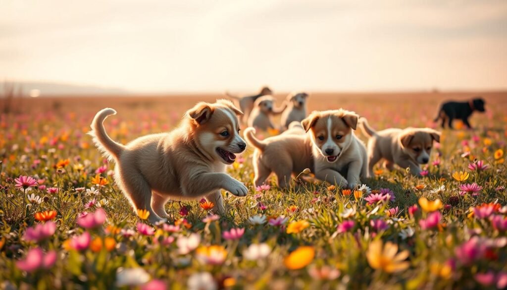 Playful puppies frolicking in a dreamlike landscape, their fur shimmering under soft, diffused lighting. In the foreground, two pups chase each other through a field of lush, vibrant wildflowers, their tails wagging with unbridled joy. In the middle ground, a pack of puppies tumble and tussle, their expressions radiating pure happiness. In the background, a hazy, pastel-tinted sky sets the stage for this whimsical scene, with wisps of clouds drifting lazily overhead. The overall atmosphere is one of warmth, comfort, and the innocent wonder of a puppy's dreams.