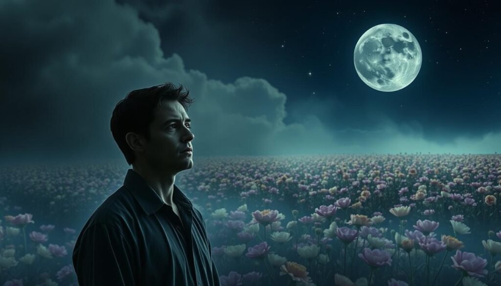 Premonition Dreams vs Symbolic Dreams A surreal scene depicting the contrast between premonition dreams and symbolic dreams. In the foreground, a figure experiences a vivid premonition of a funeral, their expression somber and pensive. Behind them, symbolic dream imagery unfolds - a field of blooming flowers, a night sky with a shimmering moon, representing the subconscious and emotional realm. The lighting is soft and atmospheric, with muted colors and a sense of tranquility, guiding the viewer to ponder the meaning and significance of these two distinct types of dreams. The composition is balanced, drawing the eye between the realistic premonition and the abstract, symbolic visuals, inviting contemplation on the nature of dreams.
