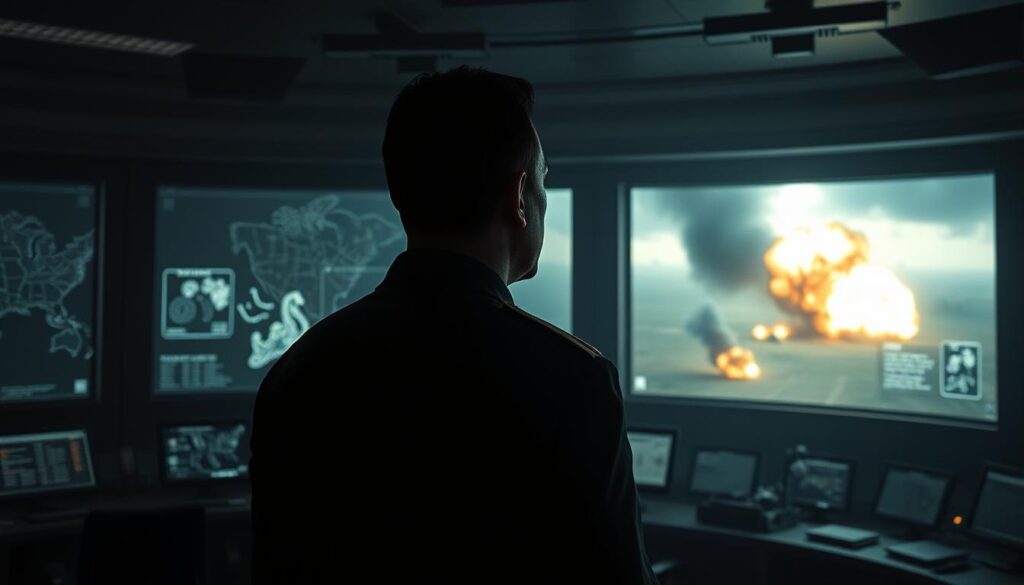 Prompt A dimly lit military command center, the walls adorned with maps and tactical displays. In the foreground, a stoic leader stands before a large panoramic window, gazing out at a war-torn landscape bathed in the glow of distant explosions. The leader's face is etched with determination, their uniform crisp and commanding. In the middle ground, holographic projections flicker, displaying battle plans and strategic maneuvers. The background is shrouded in a haze of uncertainty, shadows and smoke hinting at the chaos and upheaval of the conflict. The overall atmosphere is one of grave responsibility, the weight of leadership heavy upon the protagonist's shoulders as they contemplate the grave consequences of their decisions.