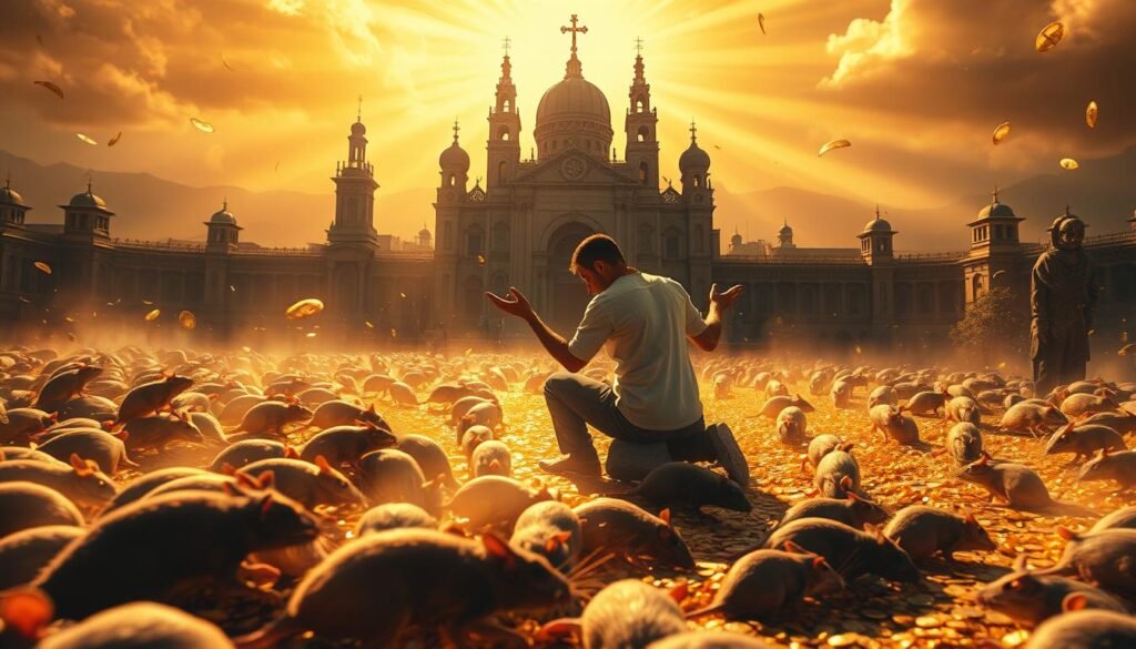 Prompt A mystical dreamscape of biblical financial liberation, bathed in warm, divine light. In the foreground, a swarm of dead rats dissipates, symbolizing the purification of wealth-stifling curses. In the middle ground, a figure kneels in humble prayer, their hands outstretched, as golden coins and prosperity overflow. In the background, a celestial landscape of towering, radiant cathedrals and heavenly rays signifies the divine intervention that shatters the shackles of poverty. The scene evokes a sense of spiritual awakening, the triumph of faith over adversity, and the promise of boundless abundance.