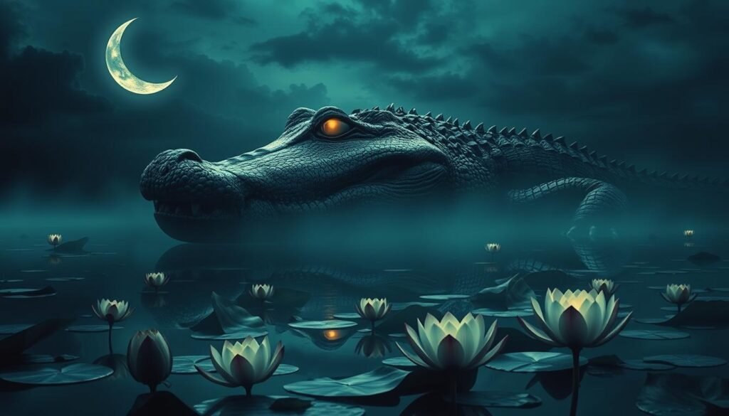 Prompt A surreal dreamscape, where a colossal crocodile looms over a tranquil swamp. Its eyes glow with an otherworldly intensity, casting an ominous shadow over the scene. In the foreground, delicate lotus blossoms float on the still waters, hinting at the hidden dangers lurking beneath the surface. The sky is a rich, indigo hue, illuminated by a crescent moon that casts an eerie glow, suggesting a mystical, foreboding atmosphere. The crocodile's scales shimmer with an iridescent sheen, as if reflecting a deeper, more enigmatic truth. The composition is balanced, with the crocodile's imposing presence commanding the center of the frame, while the surrounding elements create a sense of depth and intrigue. The overall effect is one of a dreamlike warning, where the crocodile's presence symbolizes the hidden perils and deceptions that may lie within the subconscious.