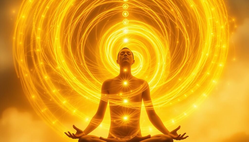 Prompt A swirling vortex of golden-yellow energy, pulsing with the ancient power of the Kundalini. Coiled at the base of the spine, it rises in a mesmerizing serpentine motion, illuminating the chakras with a radiant glow. Tendrils of light weave through the aura, creating an ethereal, otherworldly atmosphere. The figure at the center, eyes closed in deep meditation, exudes a sense of profound spiritual awakening and connection to the divine. Soft, diffused lighting casts a warm, mystical ambiance, while the background fades into an abstract, cosmic landscape, hinting at the expansive realm of the subconscious mind.