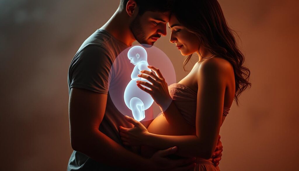 Prompt An intimate embrace between two lovers, their bodies entwined, as they gaze lovingly at a glowing, translucent holographic projection of an unborn child suspended between them. The scene is bathed in soft, warm lighting, creating a dreamlike atmosphere that evokes the wonder and vulnerability of pregnancy. The couple's expressions convey a mix of tenderness, anticipation, and the complex emotional dynamics of this new chapter in their relationship. The background is hazy and indistinct, allowing the focus to remain on the central figures and their shared experience.