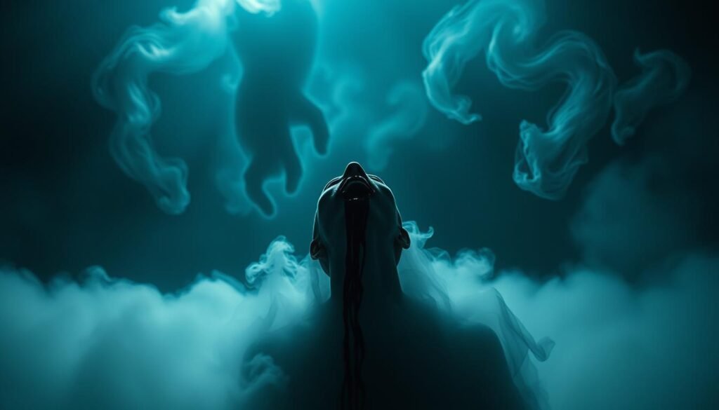 Prophetic Dreams and Blood Dream Predictions A surreal dreamscape where vivid visions unfold. In the foreground, a figure emerges from a swirling mist, their mouth agape, crimson blood cascading forth. Amidst the shadowy backdrop, ethereal shapes coalesce, hinting at premonitions and the subconscious realm. Ethereal lighting casts an otherworldly glow, while a moody, atmospheric tone permeates the scene. Ominous and foreboding, the image explores the symbolic significance of blood dreams and their potential to reveal profound spiritual insights.