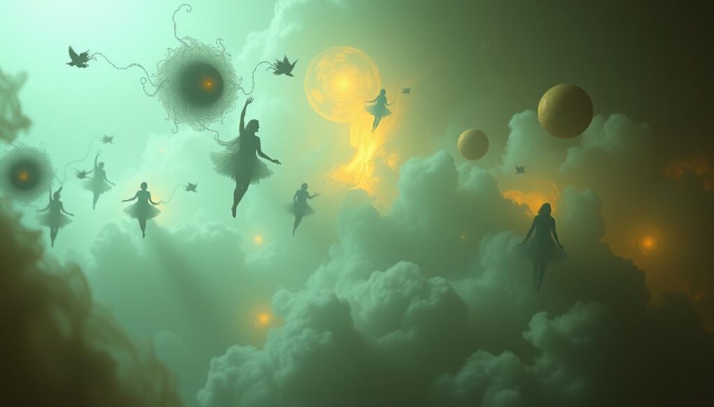 Psychological Dream Analysis Insights - A surreal dreamscape unfolds, with ethereal figures and symbolic elements floating amidst a hazy, introspective atmosphere. Soft lighting casts a pensive glow, as wispy tendrils of thought and emotion intertwine, forming a contemplative and introspective scene. Abstracted shapes and forms reflect the subconscious mind, while a sense of mystery and wonder permeates the composition. The viewer is drawn into a realm of self-reflection, where the boundaries between waking and dreaming blur, inviting deeper exploration of the psychological insights hidden within.