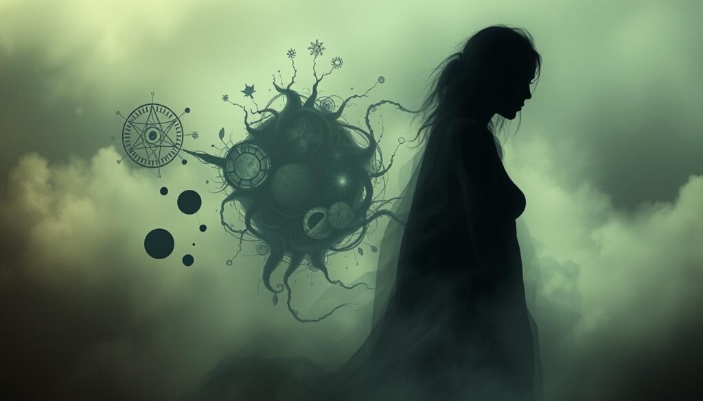 Psychological Dream Analysis of Emotional Manifestations A surreal, dreamlike landscape with a central figure representing the subconscious mind. In the foreground, a shadowy, ethereal figure emerges from a swirling mist, its form indistinct yet powerful. The figure's expression is a mix of sorrow, longing, and unresolved emotions. In the middle ground, abstract shapes and symbols representing the complex inner workings of the psyche float and intertwine, creating a sense of depth and the interplay of thoughts and feelings. The background is a hazy, otherworldly setting, with muted colors and soft, diffused lighting, evoking a sense of the subconscious and the mysteries of the human mind. The overall composition conveys the idea of the emotional manifestations and unresolved issues that can surface in the dreamscape, waiting to be explored and understood.