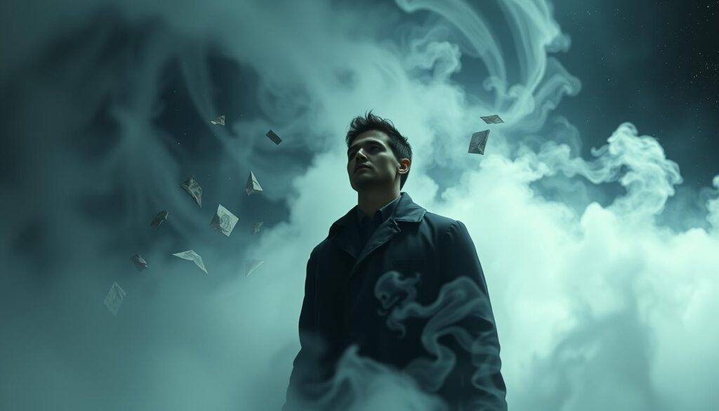 Psychological Dream Interpretation: A surreal, dreamlike scene depicting the subconscious mind. In the foreground, a figure emerges from a swirling, ethereal mist, their expression pensive and introspective. In the middle ground, fragmented images and symbols float, representing the complex, layered nature of dreams. In the background, a dark, starry sky stretches, hinting at the vast, unknowable depths of the psyche. Soft, diffused lighting casts a contemplative, almost spiritual atmosphere, while a sense of depth and perspective draws the viewer inward, inviting them to explore the mysteries of the dreaming mind.