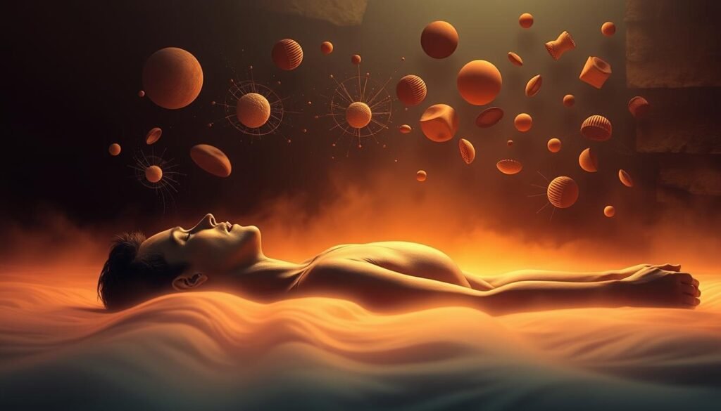 Psychological Dream Interpretation Visualization A surreal dreamscape, illuminated by a soft, diffused light that casts warm hues across the scene. In the foreground, a human figure reclines, eyes closed, their expression serene as they undergo a deep, introspective journey. Surrounding them, abstract shapes and forms swirl and dance, representing the subconscious mind and the complex interplay of emotions, memories, and anxieties. The background is a hazy, ethereal landscape, blending elements of the physical and the metaphysical, hinting at the profound and mysterious nature of the human psyche. The composition conveys a sense of introspection, contemplation, and the exploration of the inner self, capturing the essence of psychological dream interpretation.