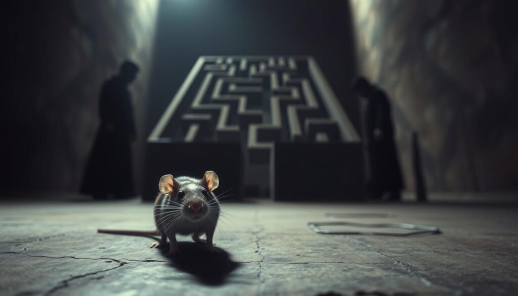 Psychological meaning of rat dreams: A surreal, dreamlike scene depicting the subconscious significance of rats. In the foreground, a lone rat emerges from the shadows, its beady eyes and twitching whiskers conveying a sense of cunning and unease. The middle ground features a maze-like structure, symbolizing the complex, labyrinthine nature of the human psyche. Shadowy figures loom in the background, hinting at the hidden, primal fears and anxieties that may be manifested through the appearance of rats in one's dreams. The lighting is soft and muted, creating an atmosphere of introspection and contemplation. The overall scene evokes a sense of the unconscious mind and the deeper, often unsettling, psychological undercurrents that shape our subconscious experiences.
