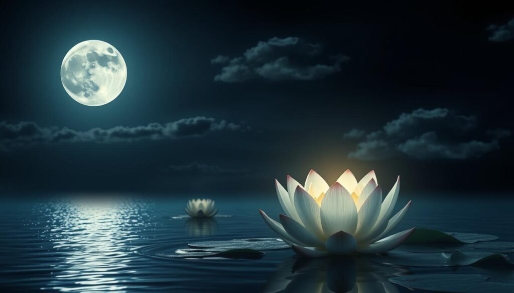Radiant full moon illuminates a serene lake, its shimmering waters reflecting the celestial orb's ethereal glow. In the foreground, delicate lotus blossoms float atop the still surface, their petals unfurling in a dreamlike dance. Wispy clouds drift across the night sky, hinting at the divine feminine energy that permeates this enchanting scene. Soft, diffused lighting casts a magical, otherworldly atmosphere, as if the viewer has been transported to a realm where the boundaries between consciousness and the subconscious blur. This evocative landscape symbolizes the deep emotional cycles and intuitive powers associated with the moon's mysterious influence over the human psyche.