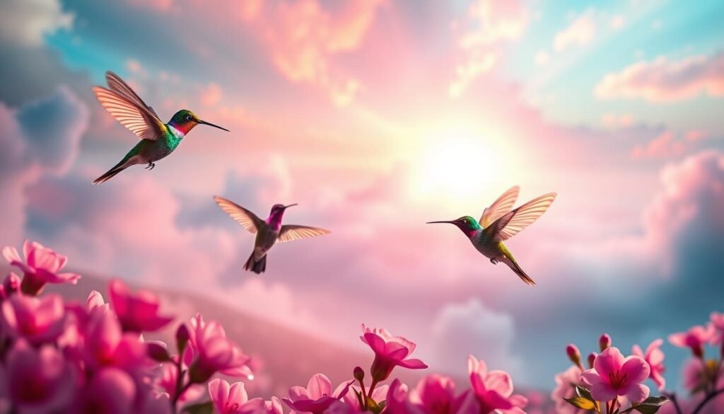 Radiant hummingbirds flutter amidst a dreamscape of vibrant colors. In the foreground, a trio of hummingbirds in iridescent shades of emerald, ruby, and amethyst hover near blooming flowers. The middle ground features a glowing, ethereal landscape with swirling pastel mists. In the background, a kaleidoscope of shimmering light and shadow dances across the sky, creating an atmosphere of mystical wonder. Soft, diffused lighting casts a warm, tranquil glow over the entire scene. Captured with a wide-angle lens to convey a sense of depth and immersion, this vision evokes the symbolic meanings of hummingbird colors in dreams - joy, resilience, and divine messages.