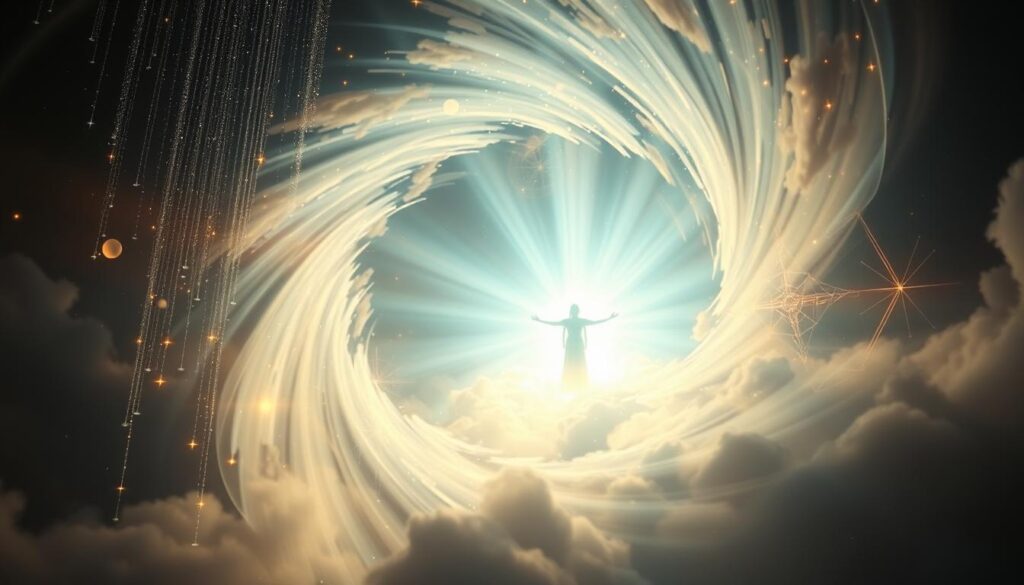 Radiant spiritual birth, a dreamscape of divine transition. In the foreground, a luminous figure emerges from a swirling vortex of celestial light, representing the divine rebirth. Cascading ethereal energy fields envelop the scene, casting a warm, otherworldly glow. The background depicts a realm of mystic symbolism, with geometric patterns and ethereal geometric structures, hinting at the profound transformation and revelation. Soft, diffused lighting creates an atmosphere of introspection and transcendence. Capture the essence of spiritual awakening and the divine ushering in a new anointing or labor pains ahead.