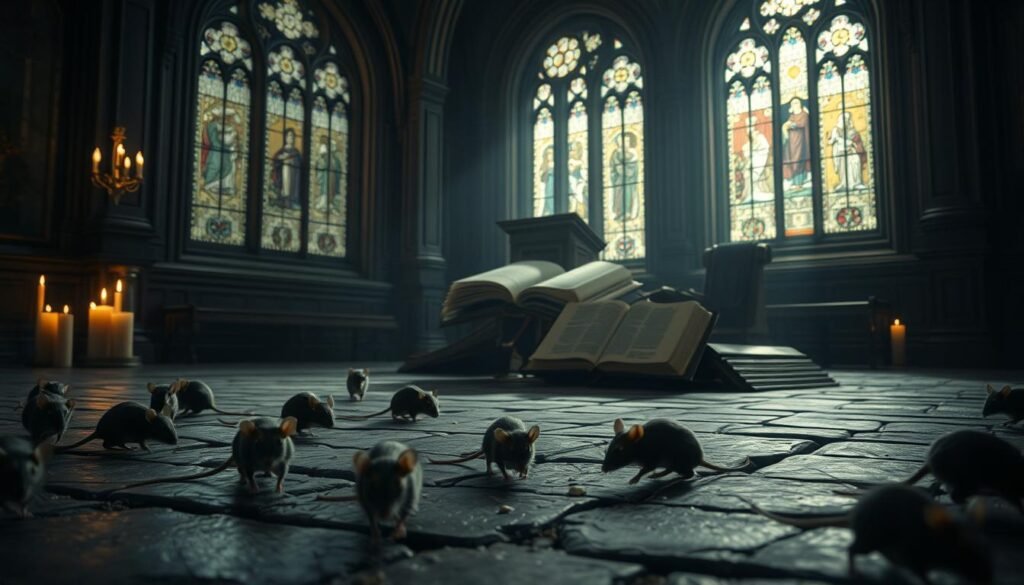 Rats in Biblical Context: A dimly lit, ornate church interior, shrouded in an atmosphere of reverence and mystery. In the foreground, a group of rats scurry across the weathered stone floor, their beady eyes gleaming in the flickering candlelight. In the middle ground, a large, ancient tome lies open on a podium, its pages rustling as if turned by an unseen hand. In the background, stained glass windows cast muted, colored light, evoking a sense of the sacred. The overall scene suggests the complex interplay between the profane and the divine, the natural and the supernatural, found in the biblical symbolism of rats.