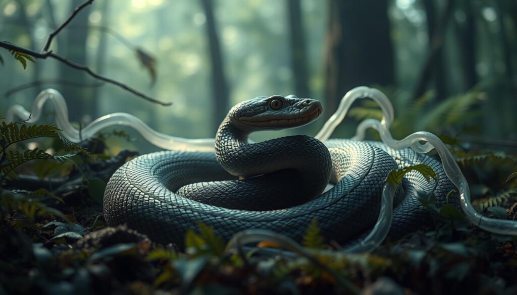Rattlesnake coiled in a dreamlike forest, its scales glistening with an ethereal sheen. Translucent, ghostly vines entwine around its body, hinting at a spiritual realm. Soft, diffused light filters through the canopy, casting a serene, contemplative atmosphere. The rattlesnake's eyes are closed, as if meditating, its rattle poised to sound an ancient, mystical warning. Amidst the ferns and mosses, a sense of intuitive, primal wisdom pervades the scene, inviting the viewer to interpret the snake's behavior as a symbolic message from the subconscious.