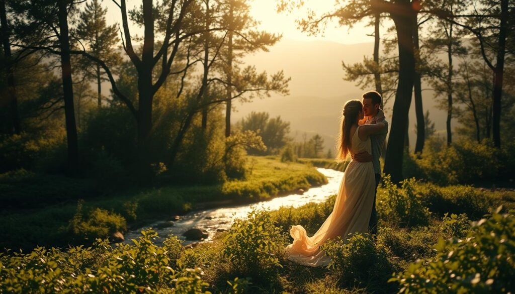 Romantic Dream Scenarios A tranquil forest glade, bathed in soft, golden sunlight filtering through the canopy. In the foreground, a couple embraces, their bodies intertwined, lost in a passionate, tender moment. The woman's long, flowing dress billows in the gentle breeze, while the man's hand caresses her face tenderly. In the middle ground, a shimmering, crystalline stream winds its way through the lush, verdant undergrowth. The background is a dreamlike, hazy landscape of rolling hills and distant mountains, evoking a sense of timelessness and serene isolation. The overall mood is one of intimate, romantic connection, a vision of pure, uninterrupted bliss.