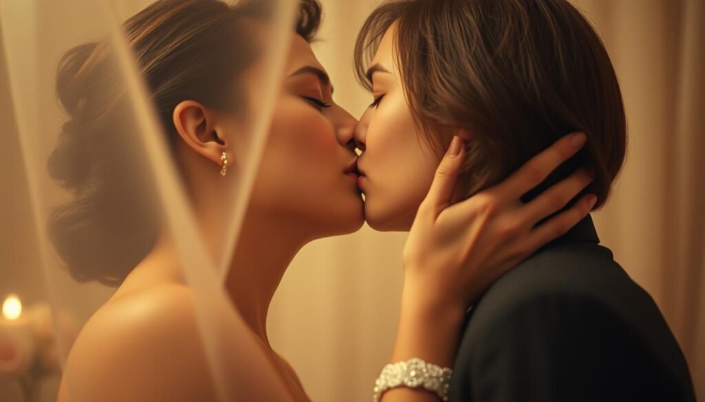 Sensual French kiss dream symbolism. Ethereal, dreamlike atmosphere. Soft focus, romantic lighting. Closeup view of two lovers' faces in a passionate embrace, their lips locked in a deep, intimate kiss. Warm, intense expressions convey desire and passion. Blurred, hazy background suggests a private, secluded space. Delicate floral accents add a touch of elegance. Muted color palette evokes a sense of intimacy and reverie. Elegant, artistic composition that captures the essence of French kiss dream symbolism.