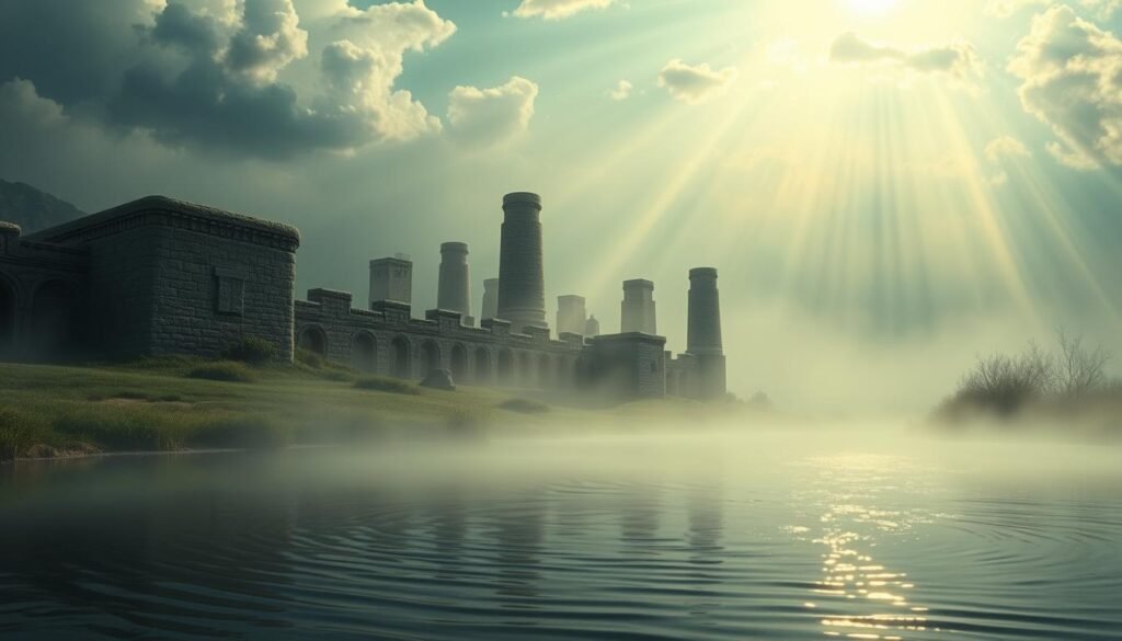 Serene biblical dream landscape, with a glowing, ethereal quality. In the foreground, a tranquil pond reflects the sky, its surface rippling softly. Towering, ancient stone structures emerge from the mist in the middle ground, their weathered facades hinting at forgotten mysteries. Dramatic beams of celestial light pierce the hazy atmosphere, casting a divine, otherworldly glow over the scene. Wisps of cloud drift lazily overhead, adding to the sense of timelessness. The overall mood is one of reverence, contemplation, and a connection to the spiritual realm. Captured with a wide-angle lens to convey the grandeur of the setting.