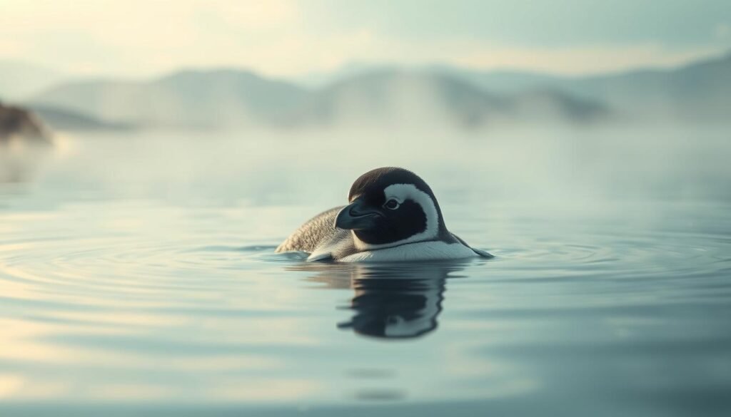 Serene dreamscape of a penguin floating in a tranquil pond, surrounded by ethereal wisps of mist. Shimmering surface reflects the penguin's image, symbolizing adaptability and inner growth. Soft, diffused lighting casts a contemplative, spiritual atmosphere. In the background, a hazy, dreamlike landscape with rolling hills and distant mountains. The penguin's gaze is calm and introspective, imparting a sense of wisdom and resilience. Delicate, feather-like details accentuate the penguin's form, hinting at the grace and poise of this adaptable creature. An image of spiritual awakening and the ability to navigate life's challenges with equanimity.