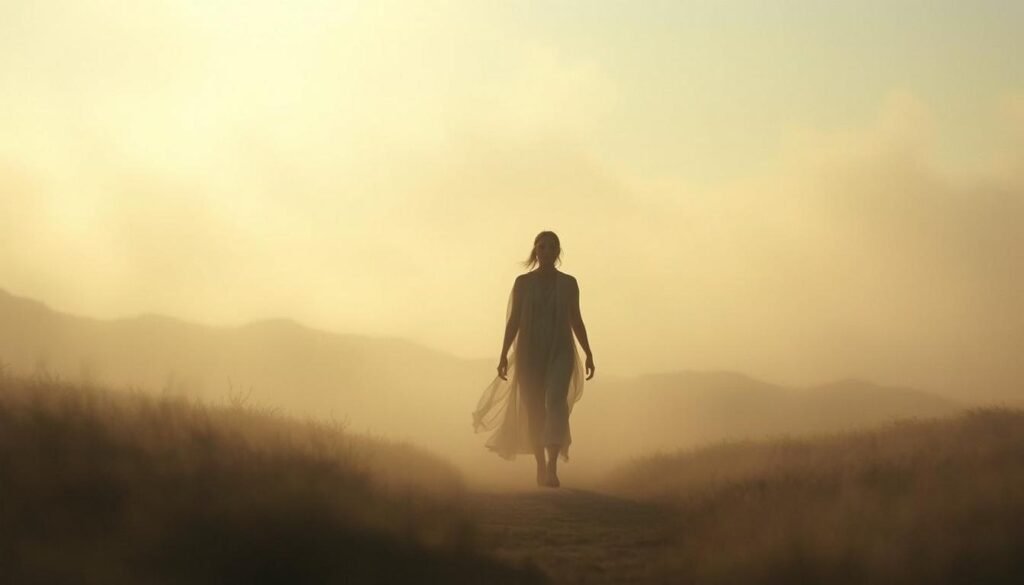 Serene dreamscape with a figure in the foreground, walking through a misty, ethereal landscape. The figure appears semi-translucent, as if existing in both the physical and spiritual realms. Soft, diffused lighting casts a warm, mystical glow over the scene. In the middle ground, wispy tendrils of energy or spirit guides swirl and dance, hinting at the unseen forces at play. The background features a blurred, otherworldly horizon, with hints of celestial elements like distant stars or moons. The overall mood is one of introspection, wonder, and the exploration of the subconscious mind.