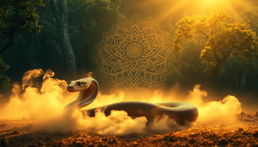 Serene spiritual dream landscape bathed in a warm, golden glow. In the foreground, a coiled king cobra rests peacefully, its regal hood spread in an aura of wisdom and protection. Wispy clouds of mist swirl around its body, symbolizing the flow of divine energy. In the middle ground, a shimmering mandala pattern radiates outwards, representing the balance and harmony of the inner self. The background depicts a lush, verdant forest canopy, signifying the abundant healing power of nature. A sense of tranquility, introspection, and awakening permeates the scene.