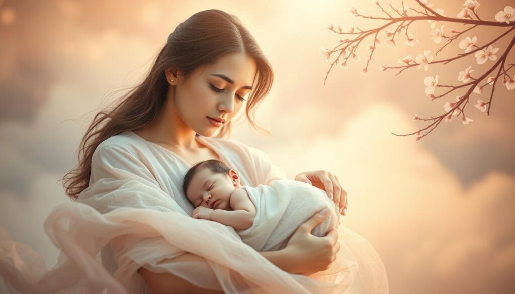 Soft, ethereal light bathes a dreaming figure as they cradle a newborn baby girl in their arms. The woman's expression is one of profound tenderness and nurturing care, her gaze transfixed on the peaceful, sleeping child. Wispy tendrils of flowing fabric drift gracefully, creating a sense of dreamlike weightlessness. In the background, a hazy, celestial landscape unfolds, suggesting a realm of subconscious insight and emotional nourishment. Delicate cherry blossoms flutter in a gentle breeze, symbolizing the delicate, ephemeral nature of dream interpretations. The scene evokes a profound, maternal connection and the intuitive wisdom gained from tending to a sleeping infant.