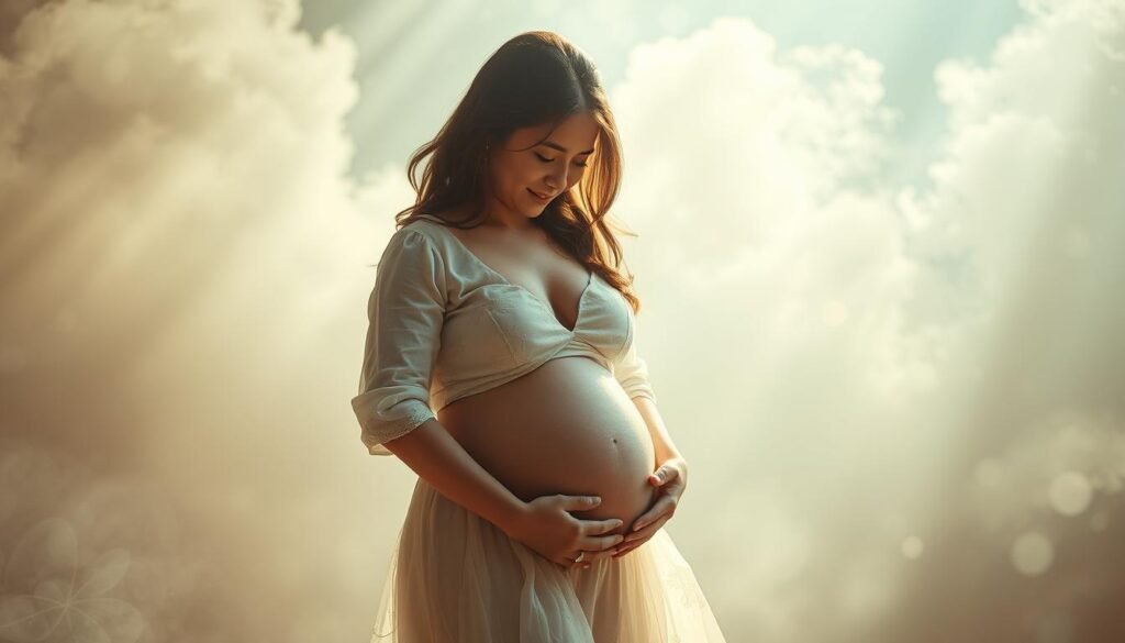 Soft, intimate lighting illuminates a couple embracing, their entwined bodies radiating a tender connection. The woman's belly gently swells, a physical embodiment of their shared dreams and the deep bond they share. Wispy, dreamlike clouds form a hazy backdrop, blurring the boundaries between the physical and the emotional. Delicate floral motifs and shimmering textures evoke a sense of tranquility and introspection, as the couple's gaze conveys a shared understanding of the profound changes and emotional journey ahead.