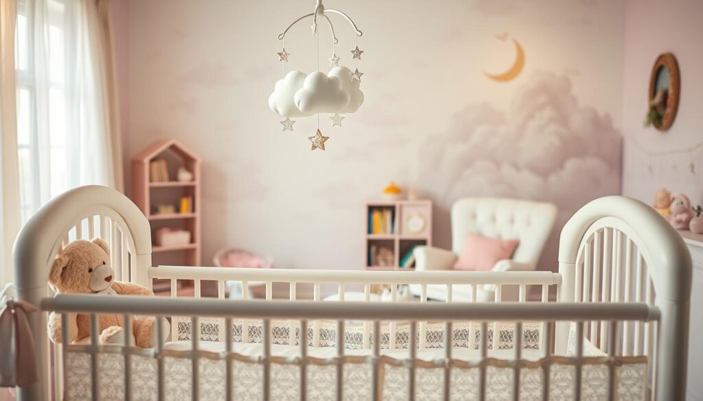 Soft pastel-hued nursery setting, bathed in gentle warm lighting. In the foreground, a crib with delicate lace accents, a mobile of whimsical cloud and star shapes gently spinning above. Surrounding the crib, symbols of baby girl dreams - a plush teddy bear, a sparkling crystal rattle, a storybook with a princess motif. In the middle ground, a rocking chair and a bookshelf filled with children's books. In the background, a mural of fluffy clouds and a crescent moon, evoking a serene, dreamlike atmosphere. The entire scene exudes a sense of comfort, safety, and the wonder of a newborn life.