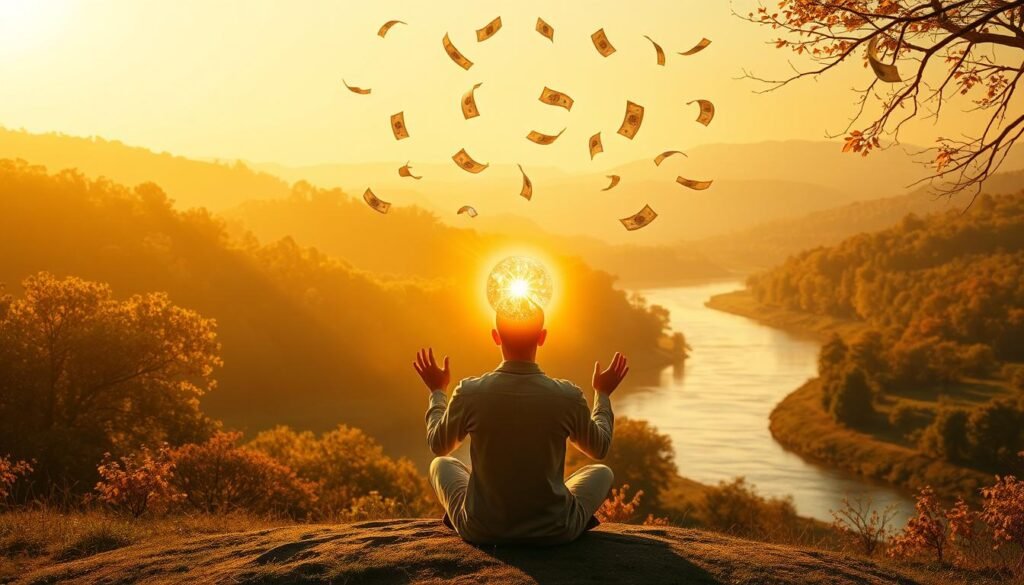 Spiritual Abundance in Money Dreams A serene, ethereal landscape bathed in a warm, golden light. In the foreground, a figure sits in a meditative pose, their hands cupped as if holding a glowing orb of energy. Wisps of multicolored light emanate from the orb, casting a soft, ethereal glow across the scene. In the middle ground, a peaceful river winds through verdant hills, its surface reflecting the shimmering, translucent leaves of the surrounding trees. Floating above the river, delicate paper bills drift like autumn leaves, imbued with a sense of spiritual significance. The background fades into a hazy, dreamlike horizon, where the boundaries between the physical and the metaphysical blur. An overarching feeling of abundance, harmony, and the interconnectedness of the material and the spiritual pervades the entire composition.