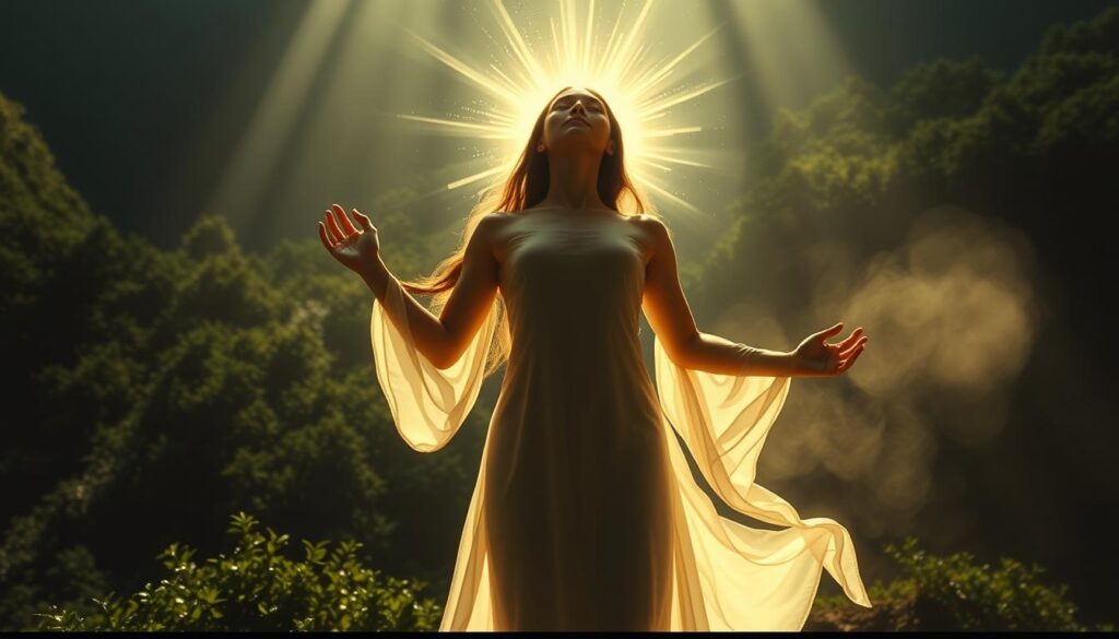 Spiritual Breakthrough Transformation: Radiant figure bathed in divine light, emerging from a cocoon of darkness. Shimmering aura surrounds the form, signifying a profound inner awakening. Lush, verdant landscape in the background, symbolizing new growth and rebirth. Dramatic shadows and highlights create a sense of mystical energy, as if the subject is ascending to a higher plane of existence. Delicate, ethereal textures and soft, diffused lighting evoke a sense of transcendence and the sublime. Elegant, graceful pose conveys a sense of peace, acceptance, and transformation. Evocative, emotive, and deeply inspirational.