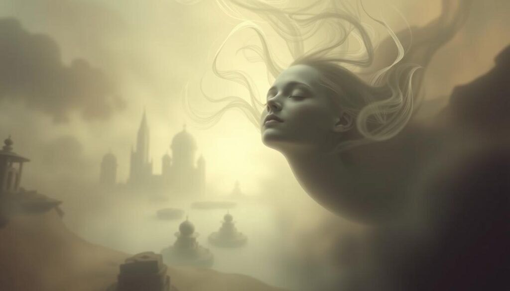 Spiritual Dream Interpretation Emotional States: A surreal, ethereal dreamscape with a soft, muted color palette. In the foreground, a figure floats serenely, eyes closed, face serene and tranquil. Swirling wisps of energy emanate from the figure, hinting at profound inner experiences. The middle ground features a hazy, semi-transparent landscape with dreamlike architectural elements and flowing, abstract shapes. The background is bathed in a warm, glowing light, creating an atmosphere of mysticism and introspection. The overall mood is one of deep contemplation, emotional resonance, and the exploration of the subconscious.