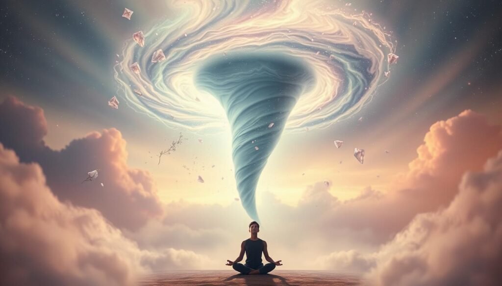 Spiritual Dream Interpretation of Tornado Symbolism: A tranquil, ethereal dreamscape with a swirling vortex of energy in the center, representing the chaotic forces of nature. Pastel hues and soft lighting create a serene, meditative atmosphere. Crystals, flora, and celestial elements float weightlessly, symbolizing the transformative power of the tornado. In the foreground, a figure sits cross-legged, eyes closed, channeling the tornado's energy through introspection and intuition. The background features a cosmic, starry sky, hinting at the deeper, metaphysical significance of the tornado as a vehicle for spiritual awakening and personal growth.