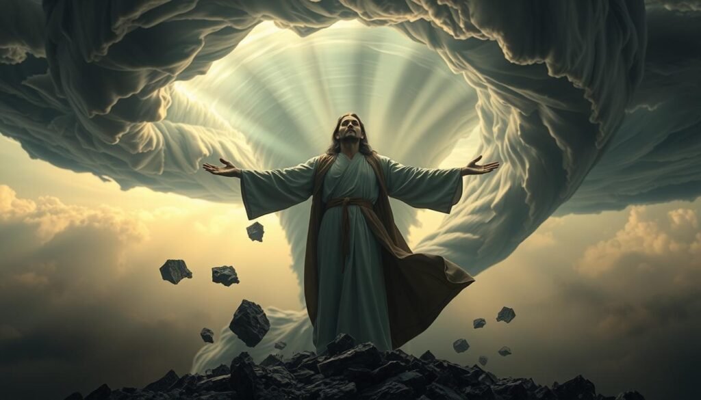 Spiritual Growth through Tornado Dreams A lone figure stands at the heart of a swirling vortex, arms outstretched, their robes billowing in the tempestuous winds. Shafts of ethereal light pierce the roiling clouds, illuminating the serene expression on their face as they find inner calm amidst the chaos. In the middle ground, fragments of shattered stone and debris float weightlessly, a metaphor for the shedding of earthly burdens. The background fades into a hazy, dreamlike realm, the tornado's twisting form merging with the fabric of reality, blurring the lines between the physical and the metaphysical. An aura of profound transformation radiates from the scene, conveying the profound spiritual growth that can emerge from confronting one's innermost storms.