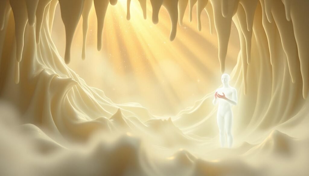 Spiritual Milk Dreams Symbolism: A surreal dreamscape of cascading milk, flowing like celestial ribbons against a backdrop of cosmic wonder. Ethereal rays of golden light pierce through the milky haze, casting a serene, otherworldly glow. In the foreground, a luminescent figure emerges, cradling a glowing orb - a representation of the divine nourishment and spiritual sustenance that milk symbolizes in the subconscious realm. Soft, mist-like textures envelop the scene, creating a sense of transcendental mysticism. Capture the essence of milk as a conduit to the higher realms of consciousness, a visually striking interpretation of the symbolic significance of this dream imagery.