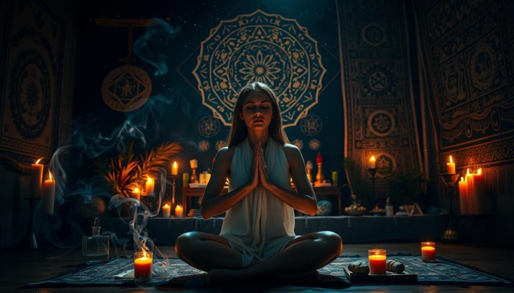 Spiritual Protection Prayers and Dream Cleansing Rituals In the serene foreground, a female figure sits cross-legged, hands clasped in deep meditation, face illuminated by warm candlelight. Surrounding her, wisps of aromatic incense swirl, casting an ethereal glow. In the middle ground, an ornate altar adorned with crystals, herbs, and mystical symbols. Intricate mandalas and tapestries hang on the walls, radiating a sense of sacred tranquility. The background depicts a starry night sky, hinting at the cosmic forces at play. Soft, diffused lighting creates a contemplative atmosphere, evoking the power of ancient spiritual practices to cleanse the mind and nurture the soul.