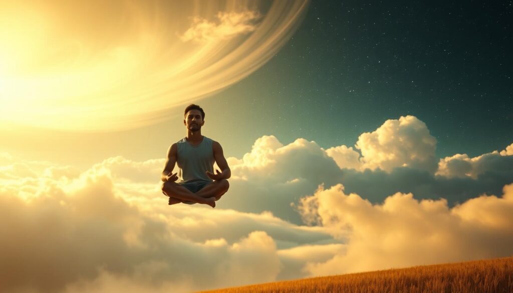 Spiritual Transitions in Dreams: A serene, dreamlike landscape with a figure floating in a meditative pose. Soft, warm lighting bathes the scene in a peaceful glow, creating an atmosphere of inner reflection and spiritual awakening. In the background, wispy clouds part to reveal a starry night sky, symbolizing the transition from the mundane to the transcendent. The figure's expression is one of deep contemplation, as if on the cusp of a transformative experience. The composition is balanced and harmonious, guiding the viewer's gaze towards the central subject and the sense of tranquility that permeates the scene.