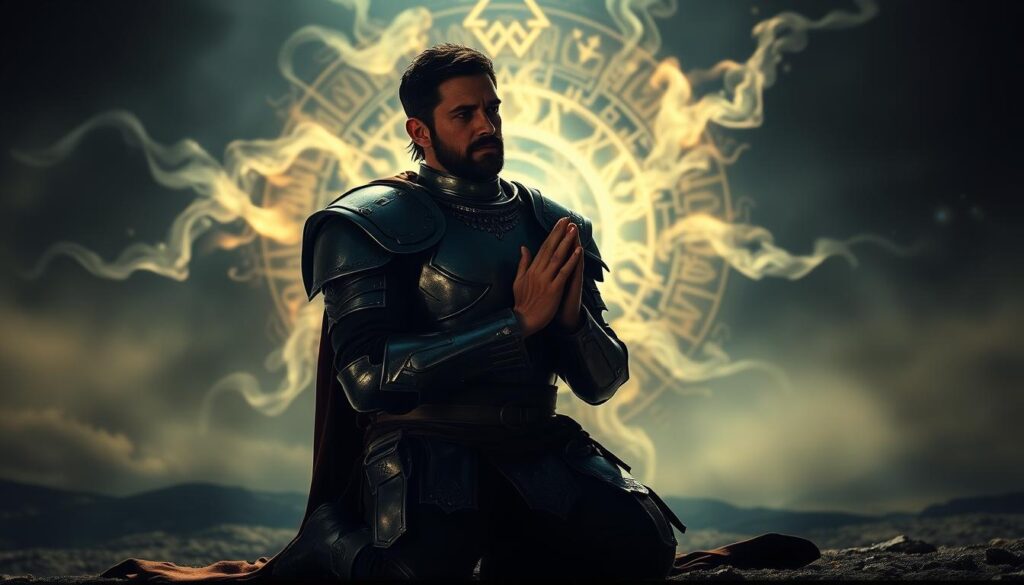 Spiritual Warfare Prayer Strategies: An ethereal landscape with a warrior kneeling in prayer, their armor gleaming in the soft, ethereal light. The background is a swirling vortex of spiritual energy, with wisps of mist and light coalescing into powerful symbols and sigils. The warrior's expression is one of deep focus and determination, their hands clasped in supplication as they seek divine guidance and protection. Dramatic chiaroscuro lighting casts dramatic shadows, creating a sense of mystical, almost religious reverence. The overall mood is one of solemn contemplation and the resolve to engage in spiritual battle.