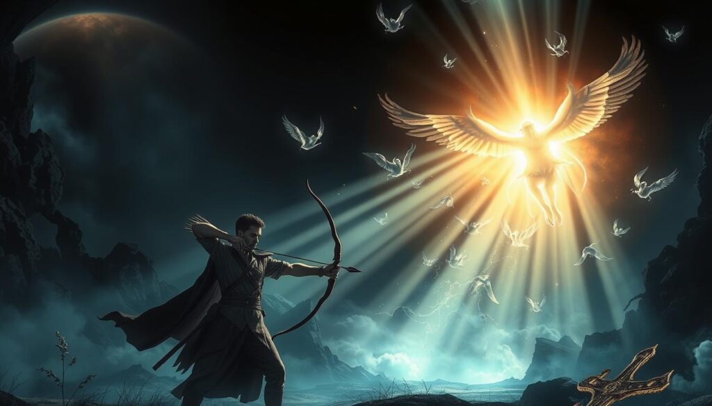 Spiritual Warfare in Dreams Illustration: A surreal, dreamlike landscape where the forces of light and darkness collide. In the foreground, a warrior-like figure wielding a bow and arrow stands resolute, their expression intense with determination. Shafts of ethereal light pierce the shadowy background, illuminating the battleground. Wispy, ethereal forms representing spiritual entities hover in the air, engaged in a mystical conflict. The lighting is dramatic, creating a sense of tension and high-stakes drama. The overall atmosphere is one of epic, otherworldly confrontation, reflecting the biblical concept of spiritual warfare unfolding within the realm of dreams.